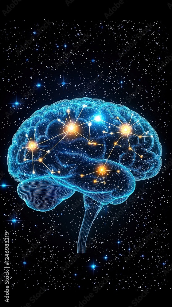 Poster high detail ray trace cgi of a human brain with neural connections in a starry background