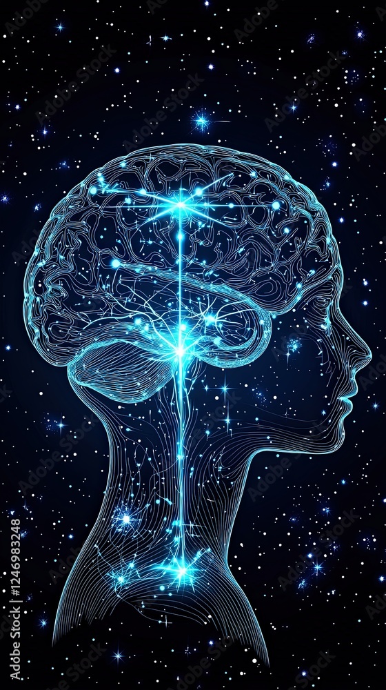 Poster high detail cgi representation of human brain with neural pathways against starry background for med