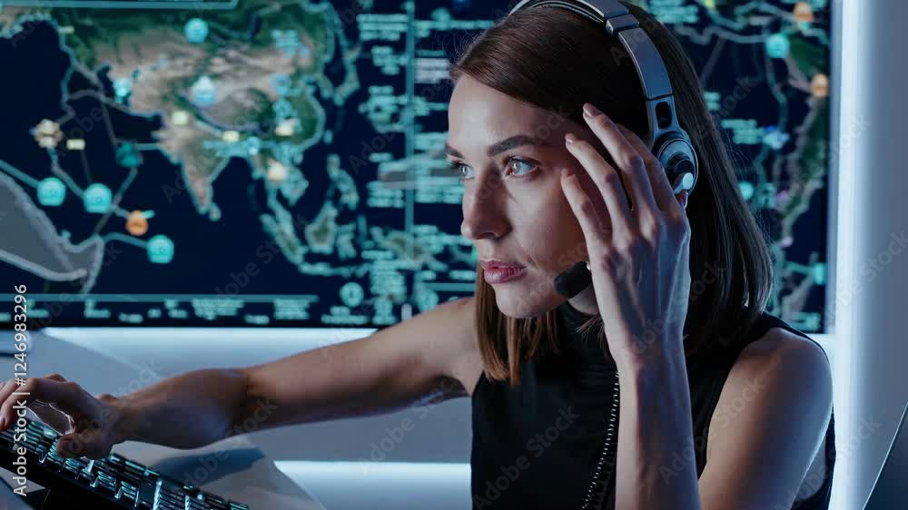 Aufkleber woman operator monitoring global network in control room. futuristic cybersecurity and data analysis