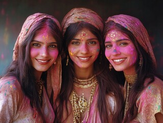 Fototapeta premium Three women dressed in vibrant festival attire, wearing colorful face paint with broad smiles. They are embracing a joyful cultural celebration.