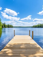 Obraz premium Serene Wooden Pier on Calm Lake under Azure Sky - A tranquil scene of a wooden pier extending into a calm lake with reflections of fluffy clouds and lush trees in the azure sky. Ideal for relaxation a
