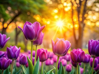 Obraz premium Spring Banner: Purple Tulips Sunset Double Exposure Garden Photography