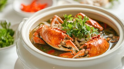 A bowl of Vietnamese (crab noodle soup) garnished with herbs on white.