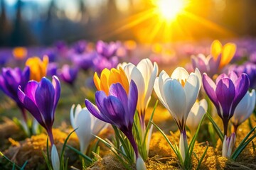 Spring Crocus Bloom Sunrise Sunlight Meadow