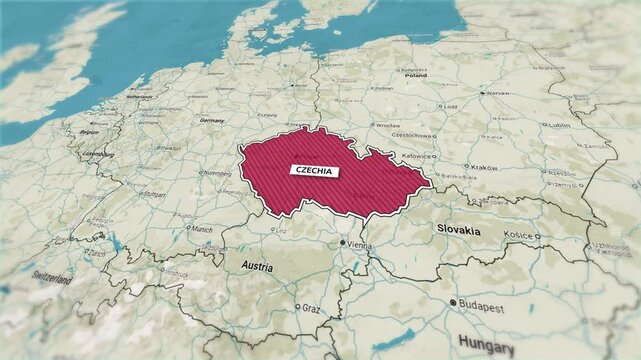 Borders of the state of Czechia on the map. Country Czechia on the map is highlighted by a polygonal border. From above zooming in with panoramic view