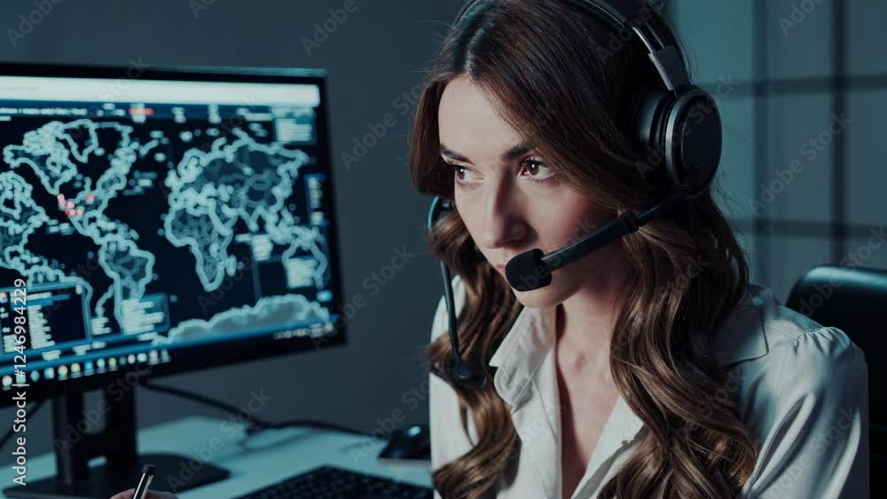 Aufkleber woman monitoring global network. cybersecurity specialist analyzing world map data. it professional 