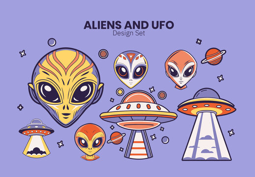Purple and Orange Aliens and UFO Illustration Set