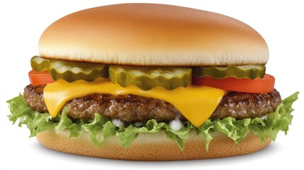 A classic cheeseburger with melted cheese, lettuce, tomato, and pickles on a white background