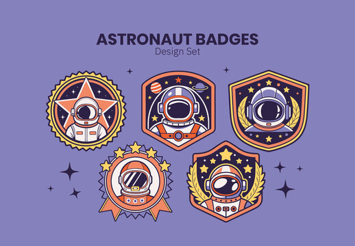 Purple and Orange Astronaut Badges With Astronaut Helmet Illustration Set