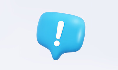 Blue speech bubble attention message icon with white exclamation mark caution warning sign risk alert information important emergency error problem safety concept. 3d vector illustration. element