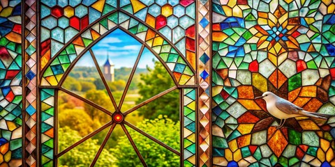 Stained Glass Mosaic Window Background with Copy Space - White Polygon Texture