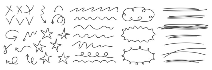 Child drawings doodle element collection. Simple minimalist Underline pen strokes oval frames. Abstract shapes squiggly lines arrow mark star speech bubble. Creative design infographic elements