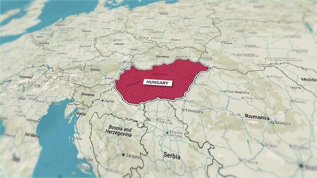Borders of the state of Hungary on the map. Country Hungary on the map is highlighted by a polygonal border. From above zooming in with panoramic view