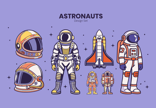 Purple and Orange Astronauts, Spaceship And Astronaut Helmet Space Illustration Set