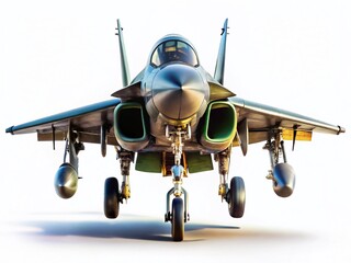 Fototapeta premium Stealth Military Jet Landing, Isolated on White Background - High-Resolution Stock Photo