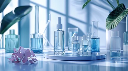 Cosmetic podium display featuring glass flask and cylinder equipment in a modern medical science lab background. 3D rendered, professional and clean