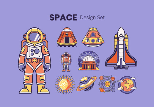Purple and Orange Space Icons With Ship Space, Rocket Space And Astronaut