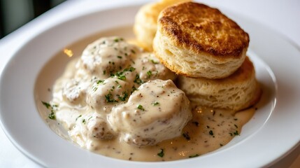 Fototapeta premium A plate of biscuits and gravy with sausage on a white background