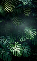 Lush tropical foliage with varying shades of green in a misty background for an exotic vibe 