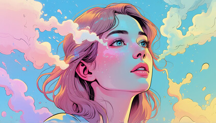 pastel colors, cartoon style illustration of a woman.