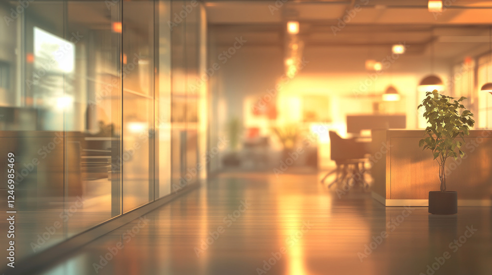 Poster a blurred depiction of a spacious open office, with soft lighting creating an abstract bokeh effect 