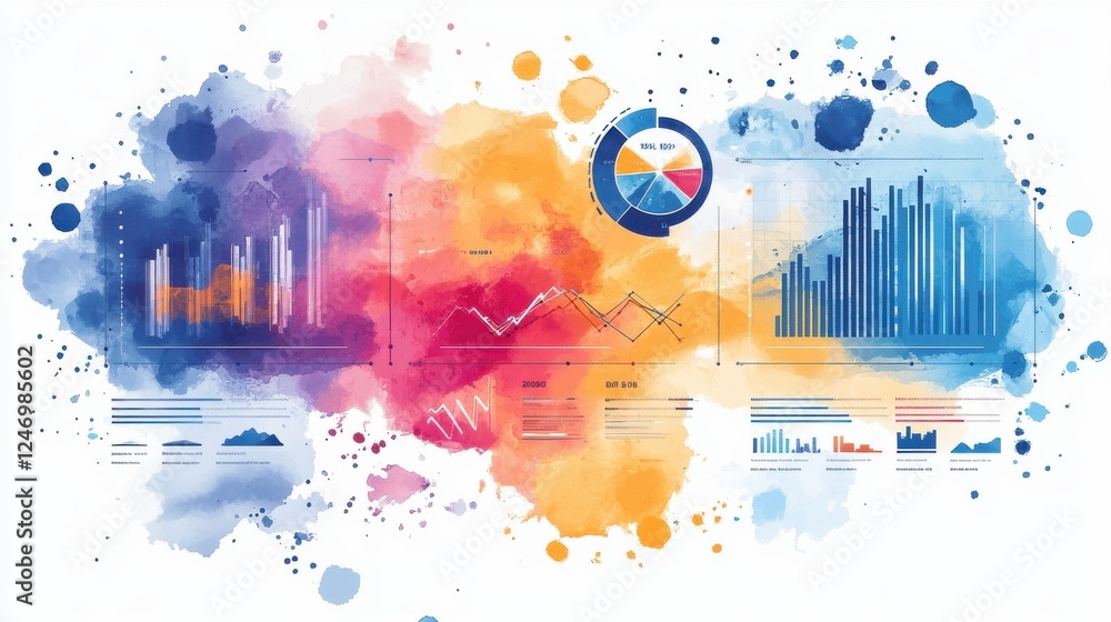 Poster a colorful watercolor illustration featuring various data graphs and charts, symbolizing data analys