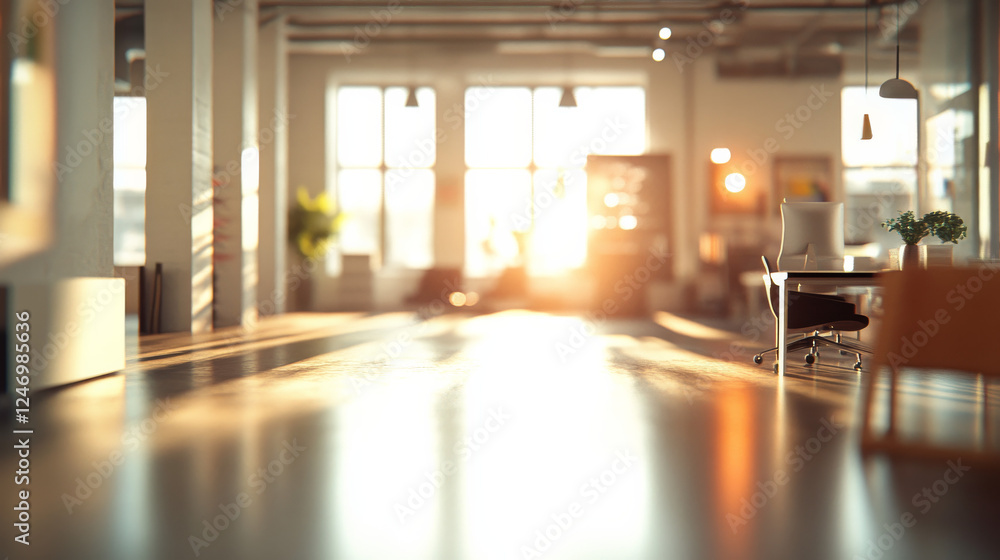 Poster a blurred depiction of a spacious open office, with soft lighting creating an abstract bokeh effect 
