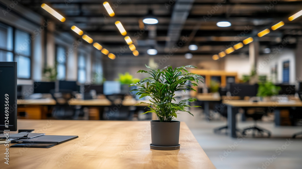 Poster a blurred image of an open office space, with soft lighting creating an abstract bokeh effect in the