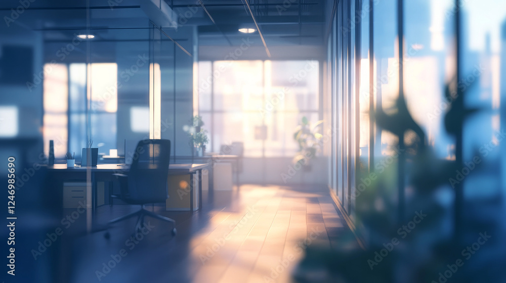 Poster a blurred image of an open office space, with soft lighting creating an abstract bokeh effect in the