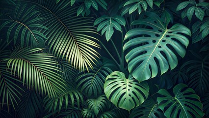 Lush tropical foliage with varying shades of green in a misty background for an exotic vibe 