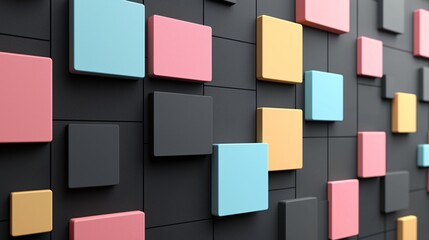 Colorful squares on black wall, abstract background