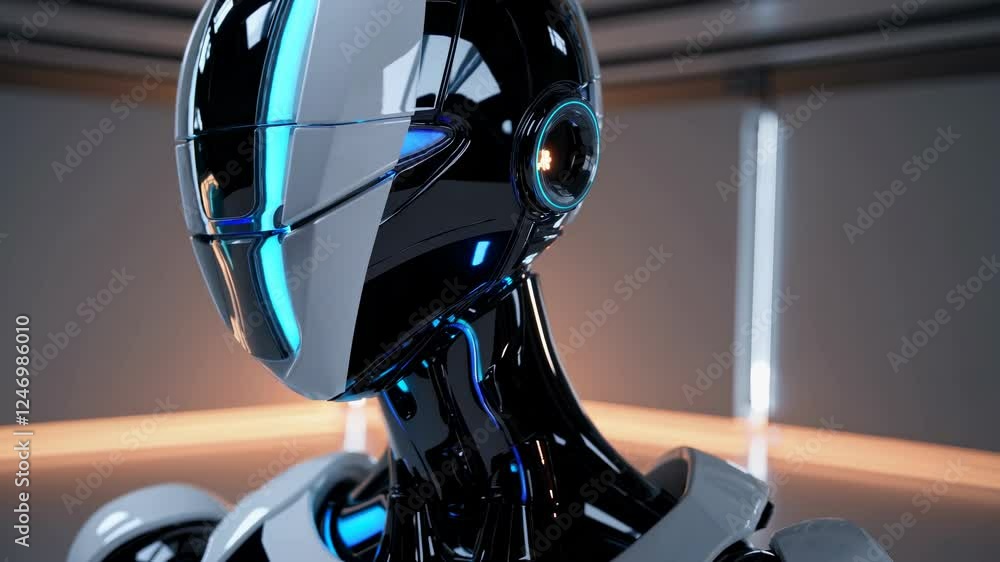Poster futuristic robot head with glowing elements. advanced ai concept in sleek design. cutting-edge techn