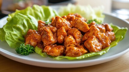 Fototapeta premium A plate of Korean dakgalbi (spicy stir-fried chicken) served with lettuce wraps on white.