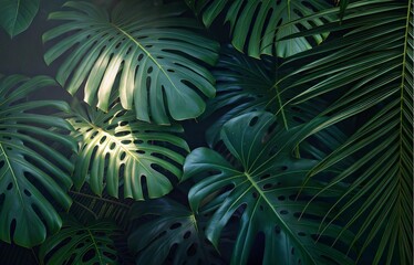 Fototapeta premium Lush tropical foliage with varying shades of green in a misty background for an exotic vibe 