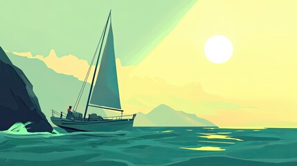 Naklejka premium An illustration in 3D format showcasing a sailing ship as it crosses the sea at sunset