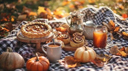 Fototapeta premium Cozy Autumn Picnic with Pumpkin Pie and Cinnamon Treats