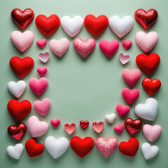 Fototapeta premium A variety of heart-shaped objects arranged in a border around the edges of the frame, leaving a central space empty. The hearts are in shades of red, pink, and white, with some having a smooth texture