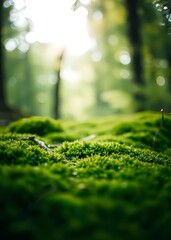 Naklejka premium Lush green moss covering the forest floor with a shallow depth of field and blurred background bokeh green bokeh green abstract background light bright blur pattern
