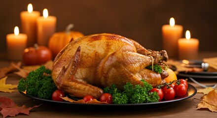 Golden Thanksgiving Turkey Surrounded by Autumnal Splendor and Warm Candlelight