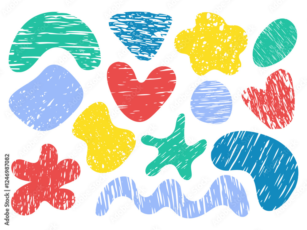 Poster trendy abstract geometric shapes with sketchy texture. hand drawn irregular shape set in bright colo