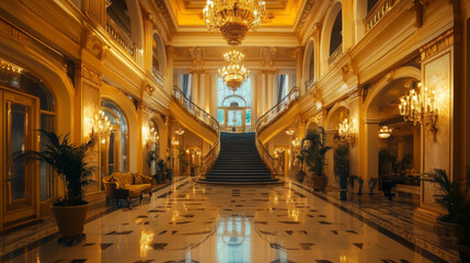 A luxurious hotel lobby interior bathed in evening lighting, exuding elegance and sophistication