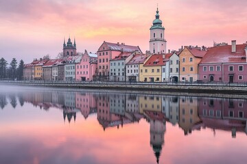 Obraz premium Poland's Gdansk displays its picturesque old town over the Motlawa River at the enchanting time of sunrise