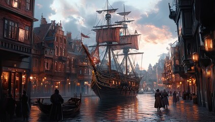 Fototapeta premium A scene from a painting: a pirate ship in a town alongside the sea, with individuals walking around, and one person on the sidewalk in front of a building