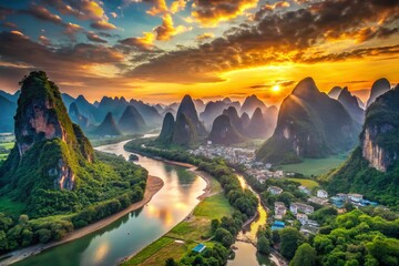 Stunning Xingping Landscape: Li River Valley Panorama with Copy Space