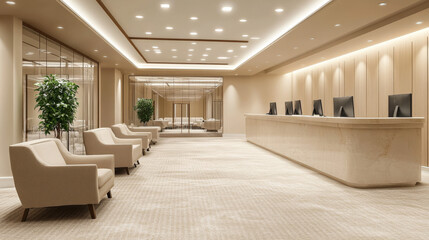 a comfortable waiting zone. The space also includes a glass-enclosed coworking area and an empty wall partition ready for customization. 3D rendering.