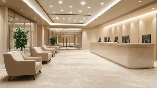 a comfortable waiting zone. The space also includes a glass-enclosed coworking area and an empty wall partition ready for customization. 3D rendering.