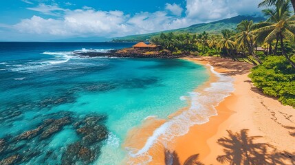 Obraz premium Breathtaking Aerial View of Tropical Coastline with Turquoise Waters and Lush Palm Trees in Paradise