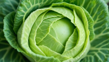 Fototapeta premium Close-up of a Fresh Green Cabbage Head with Dew Drops on Leaves