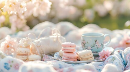 Pastel Picnic Setup with Delicate Treats and Tea