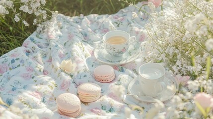 Aesthetic Pastel Picnic Setup in Nature